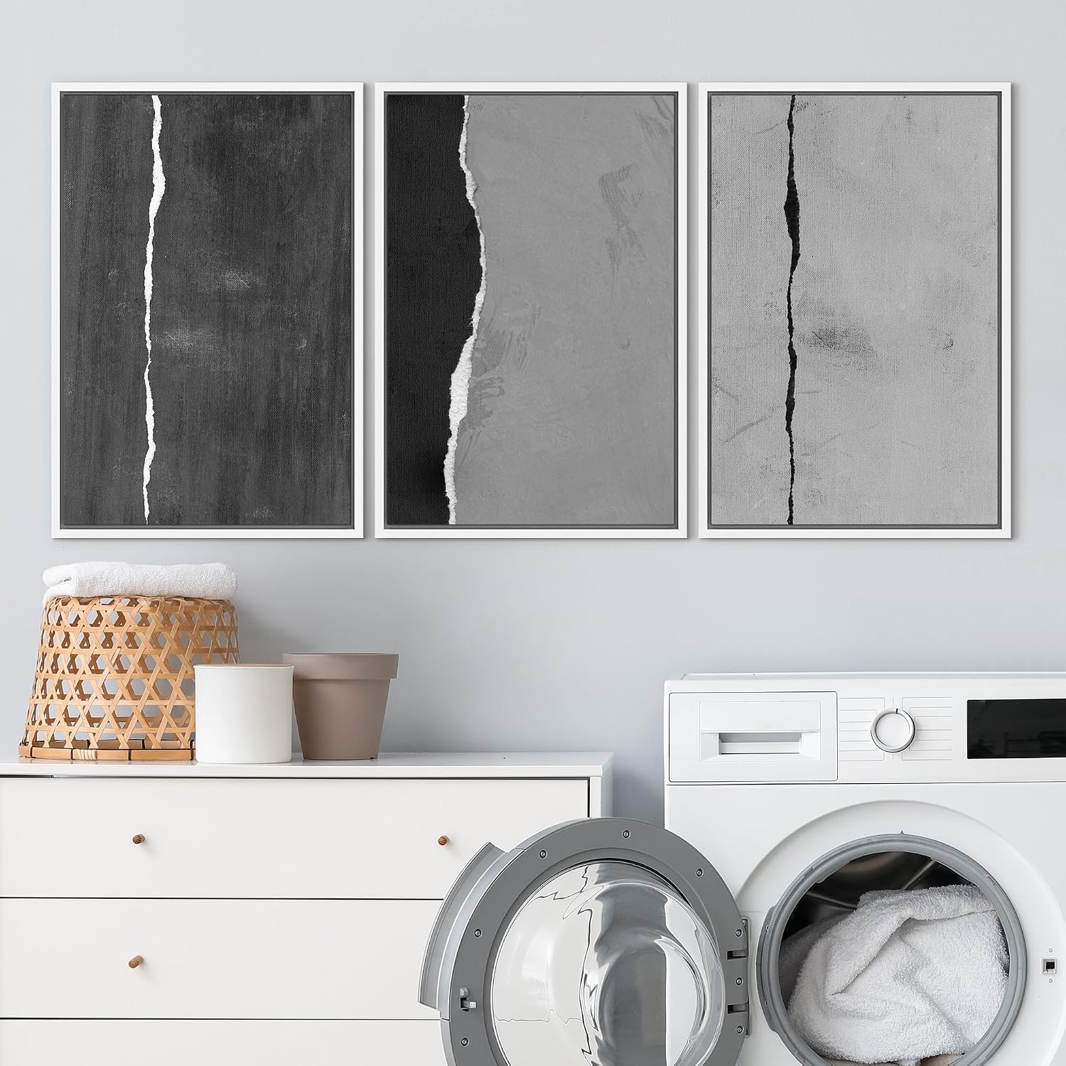 SIGNLEADER Framed Canvas Print Wall Art Set Black and White Torn Minimalist Grunge Illustrations Minimal Decorative Bohemian Nordic for Living Room, Bedroom, Office - 16'x24'x3 WHITE