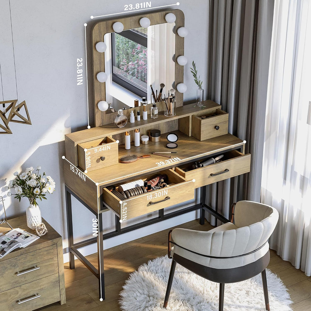 SUNVIVI Vintage Vanity Desk with Lighted Mirror, 40' Large Dressing Makeup Vanity Table with 4 Drawers, 3 Color Lighting Modes & 10 Brightness, Dressing Table with Metal Frame for Woman Adult Bedroom