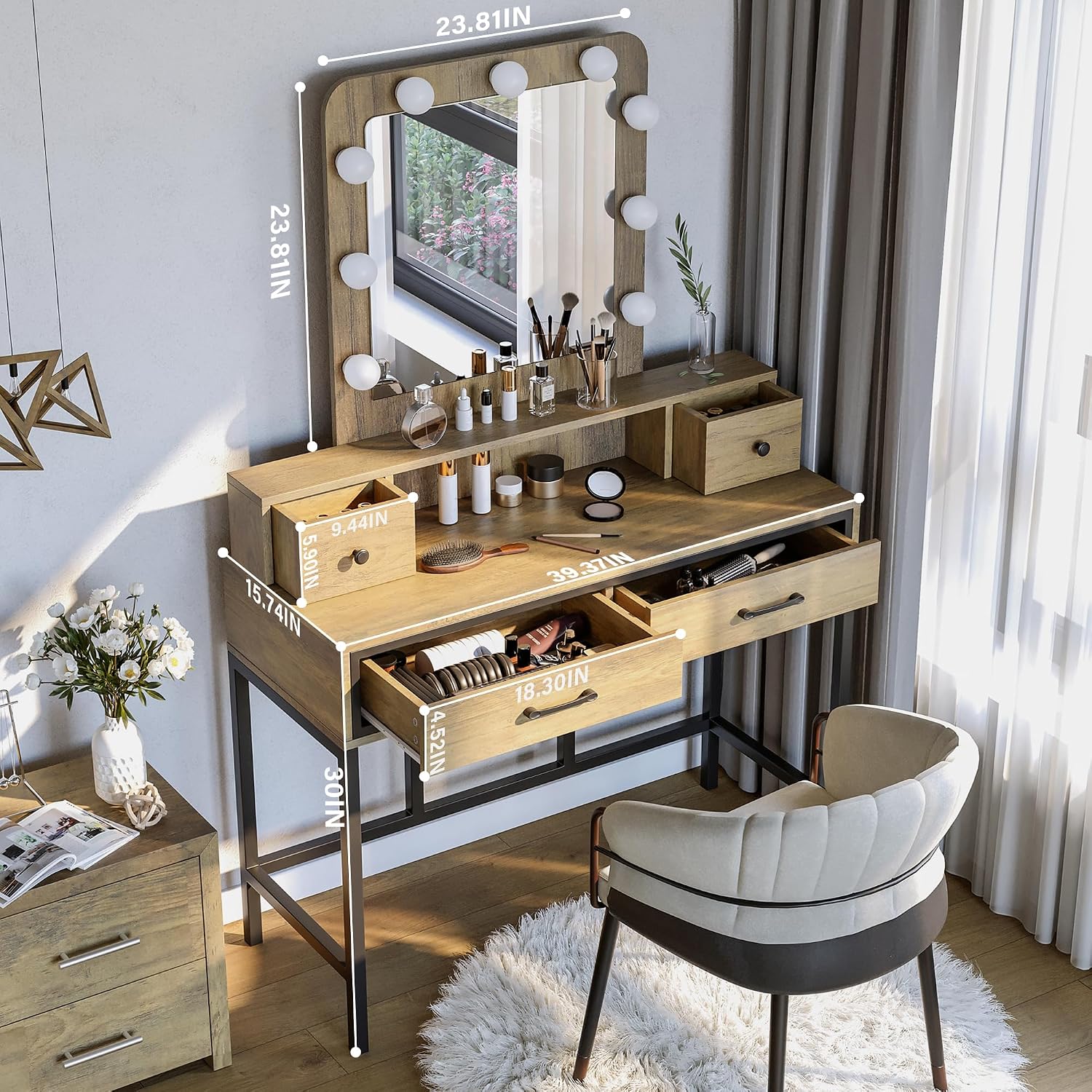 SUNVIVI Vintage Vanity Desk with Lighted Mirror, 40' Large Dressing Makeup Vanity Table with 4 Drawers, 3 Color Lighting Modes & 10 Brightness, Dressing Table with Metal Frame for Woman Adult Bedroom