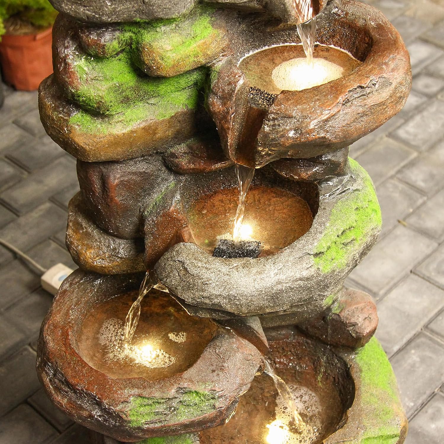 YZM 6-Tiered Outdoor Floor Rock Water Fountain Cascading Waterfall Fountains Indoor Led Lights for Home Garden Patio with Natural Stone Look 37.4' H