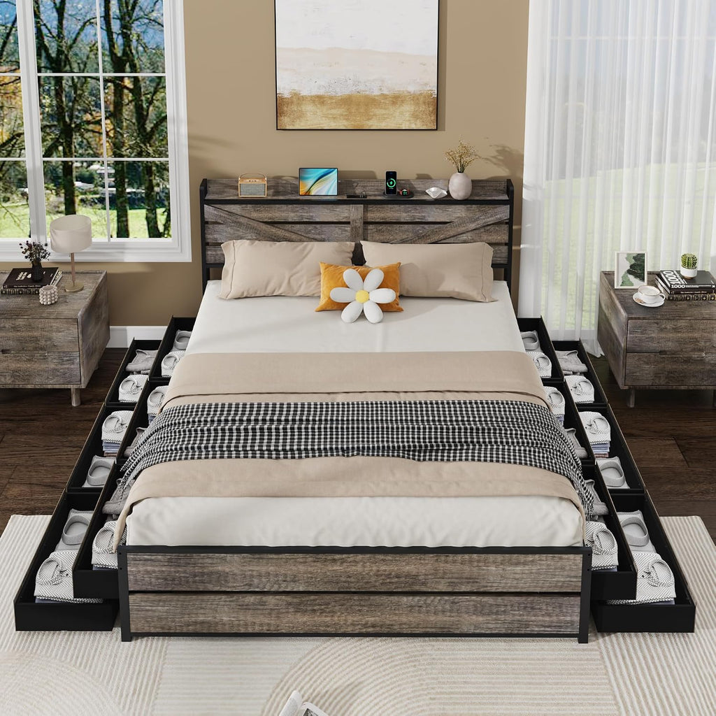 Metal Queen Bed Frame with Storage Headboard and 12 Drawers, Farmhouse Platform Bed with Charging Station, Metal Slats Support, No Box Spring Needed (Oak, Queen)