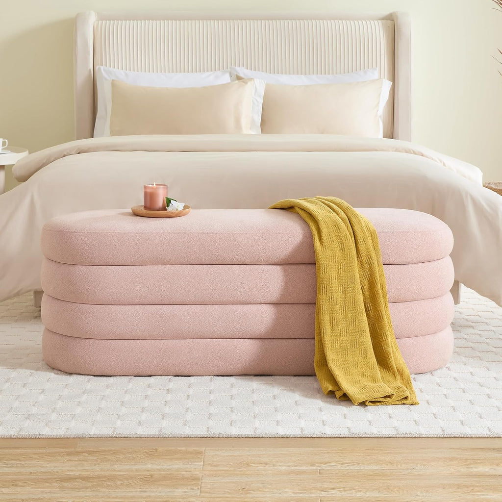 Busaurus Storage Ottoman Bench 49.2 Inch Upholstered Fabric Storage Bench for Bedroom End of Bed Aesthetic Large Oval Ottoman for Living Room Entryway (Pink)