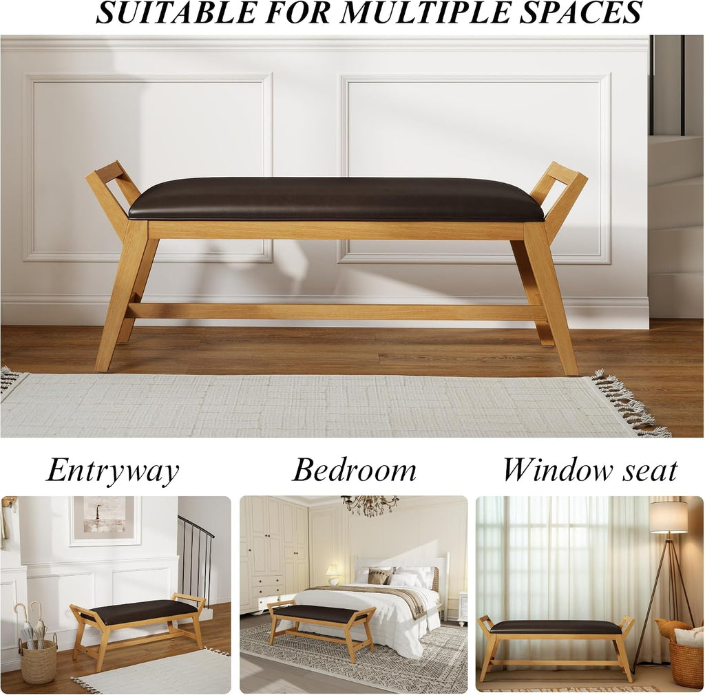 51' End of Bed Bench, Entryway Bench with Solid Wood Frame Fabric Ottoman Bench for Bedroom/Entry/Living Room, PU Leather Black