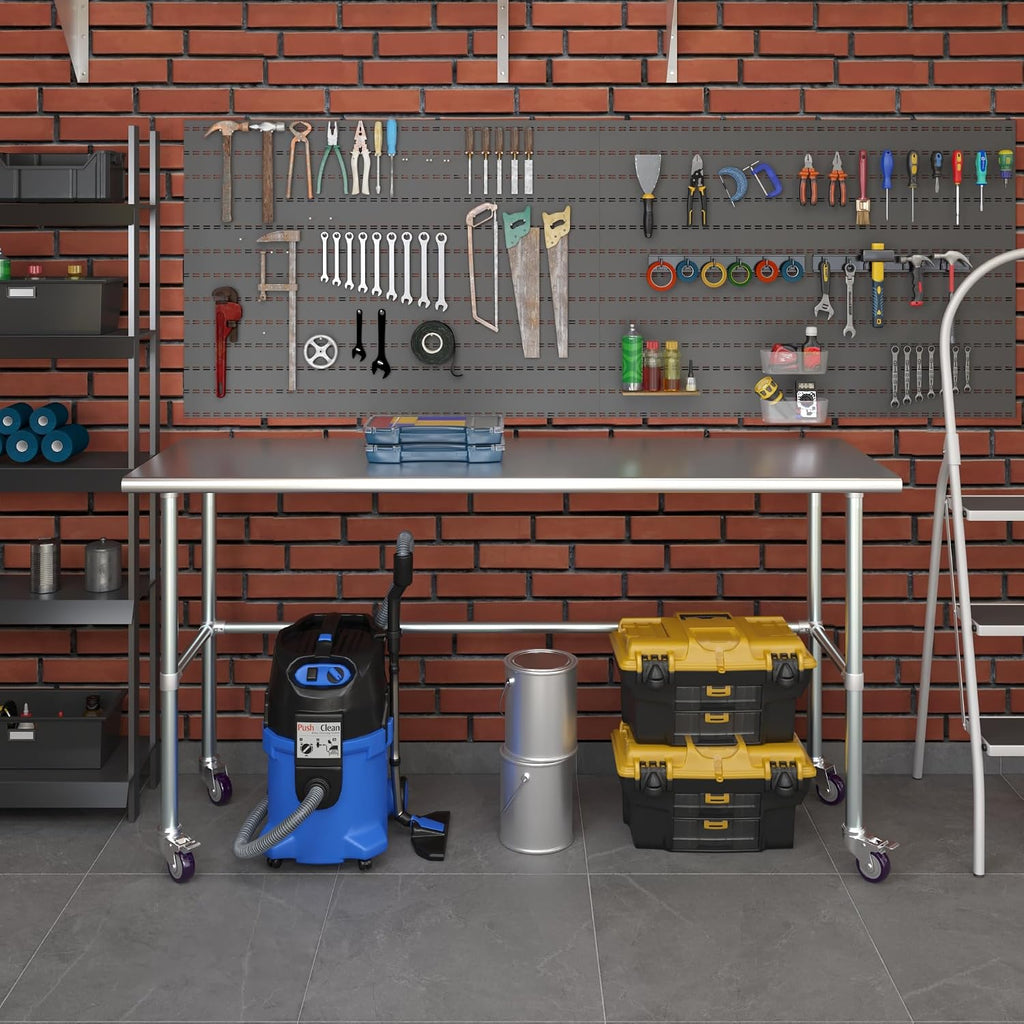 AmGood Stainless Steel Work Table Open Base & Wheels | Work Station | Metal Work Bench (Stainless Steel Work Table Open Base + Casters, 72' Long x 24' Deep)