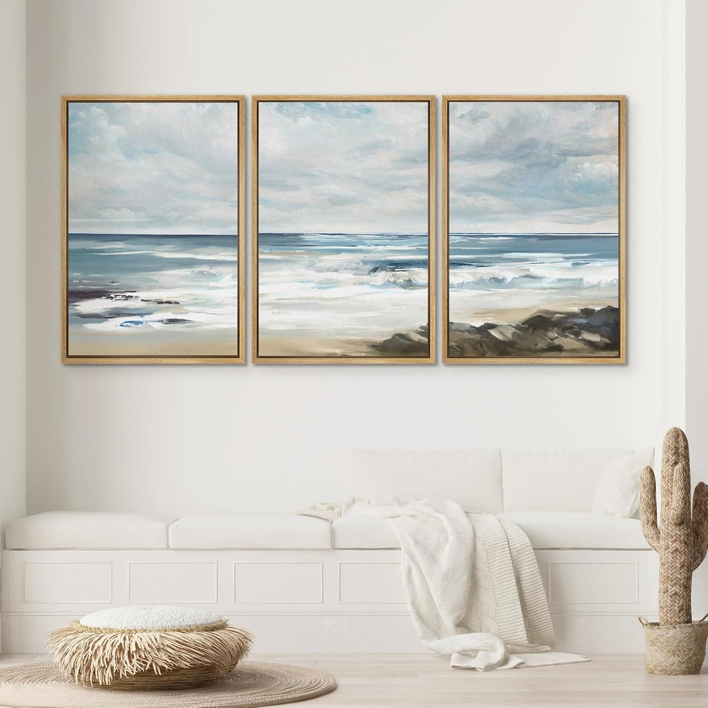 SIGNWIN Framed Canvas Print Wall Art Set Teal Sky Ocean Wave Beach Shore Nature Wilderness Illustrations Modern Art Decorative Scenic Rustic Zen for Living Room, Bedroom, Office - 16'x24'x3 Natural