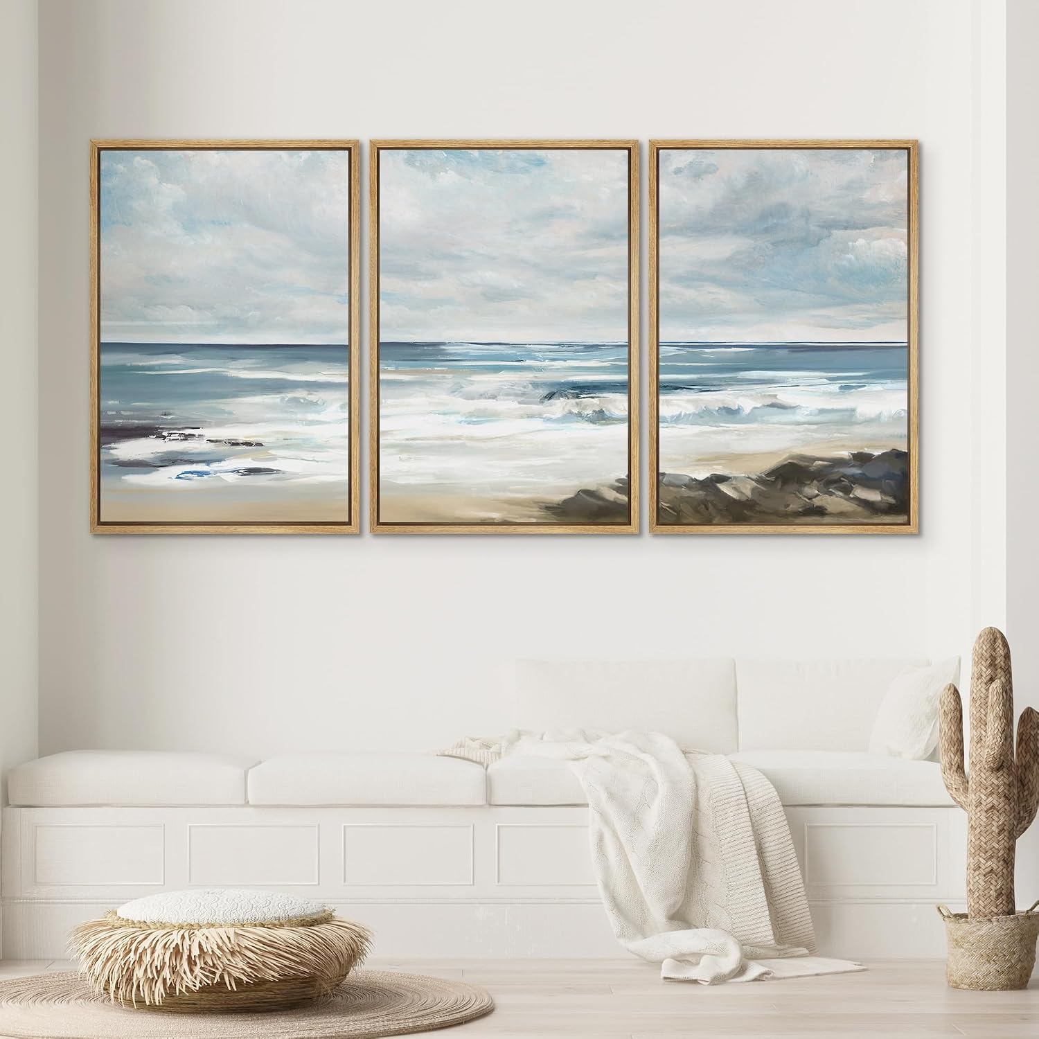 SIGNWIN Framed Canvas Print Wall Art Set Teal Sky Ocean Wave Beach Shore Nature Wilderness Illustrations Modern Art Decorative Scenic Rustic Zen for Living Room, Bedroom, Office - 16'x24'x3 Natural