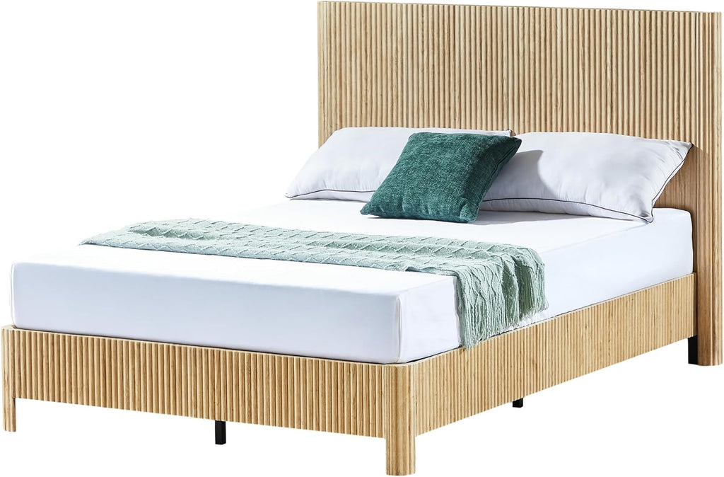 Full Size Wood Bed Frame with Headboard, Modern Retro Walnut Platform Beds Frames, Mid Century Rustic Wooden Bedroom Floor-BedFrame, No Box Spring Needed, Easy Assembly (Oak, Full, Metal Base)