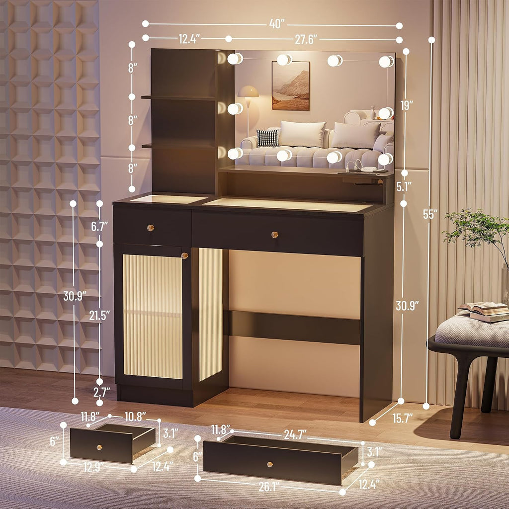 INNOD 40' Vanity Desk with Large Mirror and Lights, Modern Glass Top Makeup Vanity Set with Power Outlet, Drawers and Cabinet, 3 Lighting Color Adjustable Dressing Table for Bedroom, Black