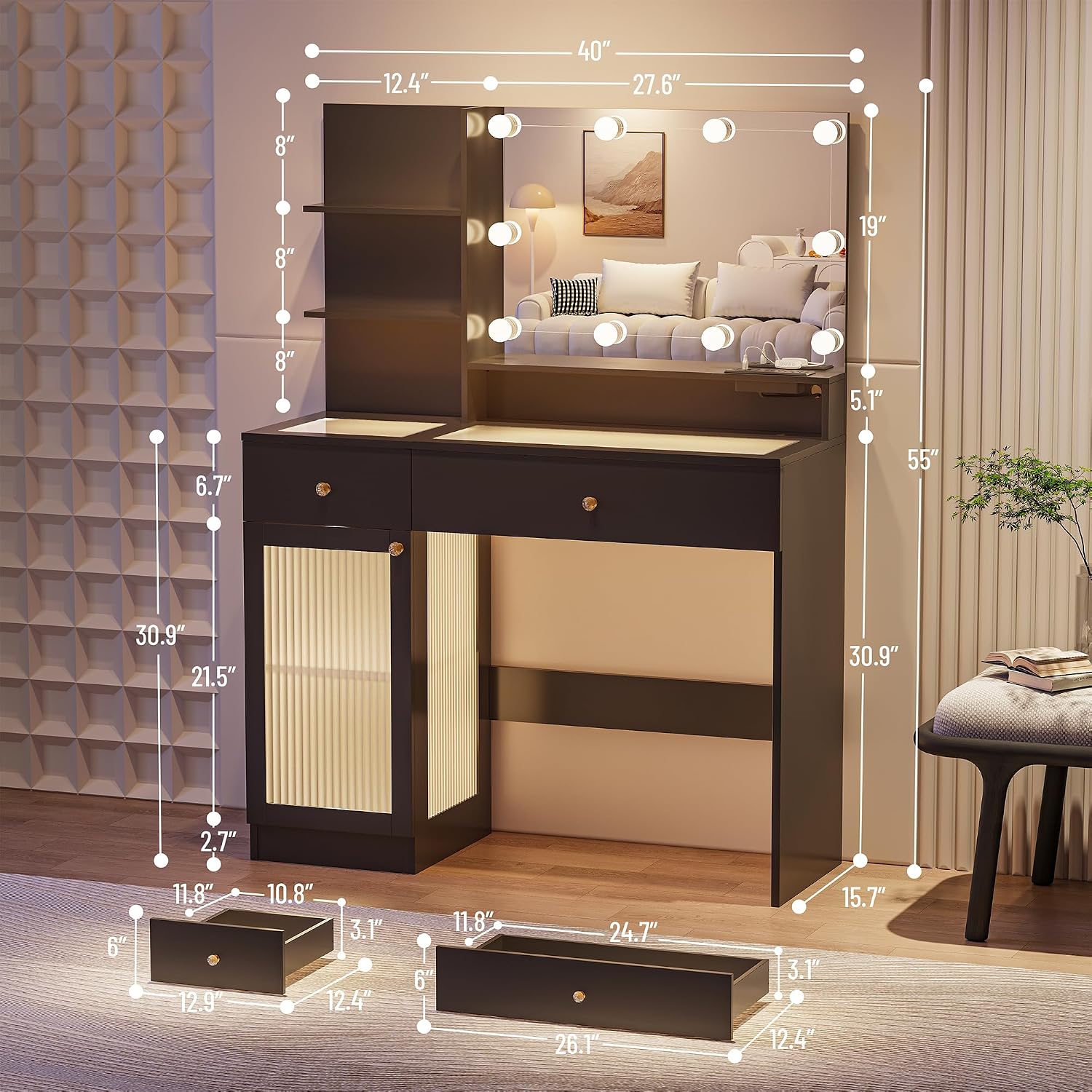 INNOD 40' Vanity Desk with Large Mirror and Lights, Modern Glass Top Makeup Vanity Set with Power Outlet, Drawers and Cabinet, 3 Lighting Color Adjustable Dressing Table for Bedroom, Black