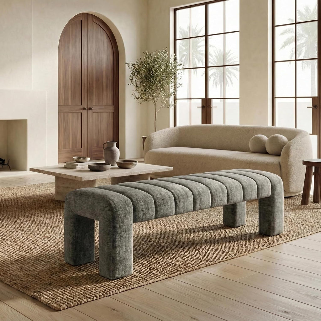 SAFAVIEH Couture Collection – Bellisima Dark Green Channel Tufted Chenille Bench, Modern Upholstered Accent Seating (SFV5127K)