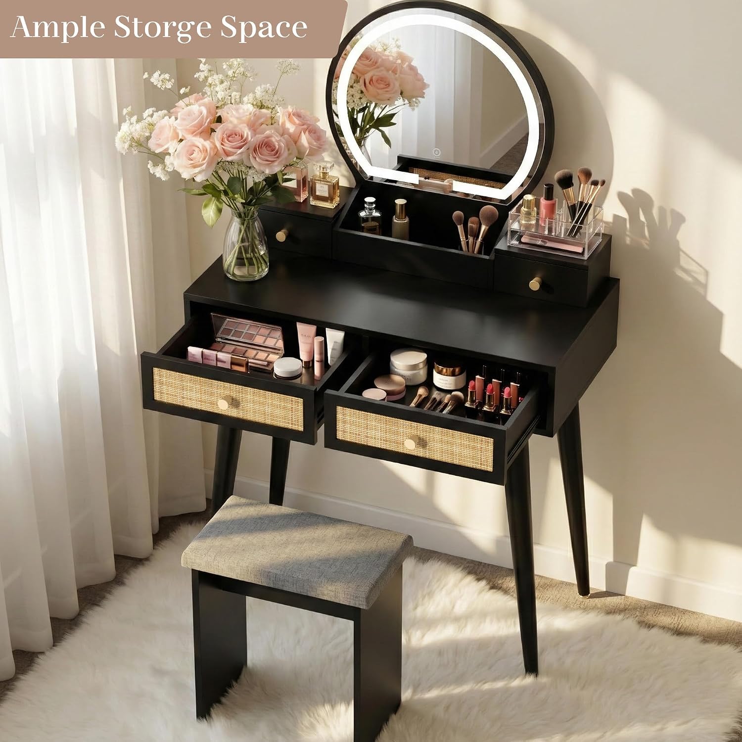 Brafab Small Vanity Desk with Stool for Bedroom, Boho Rattan Compact Makeup Vanity Table with 3 Modes Adjustable LED Mirror, 31' Space Saving Dressing Table Vanity Set, Black