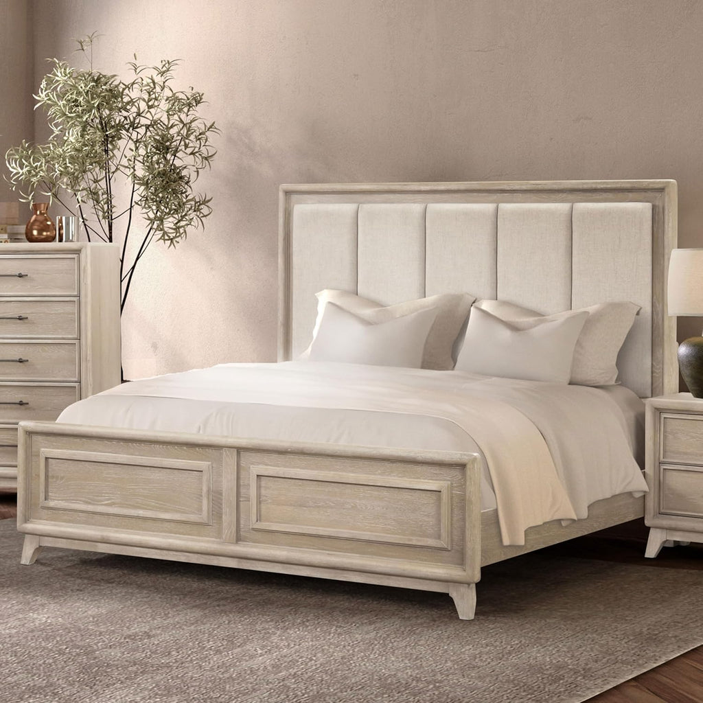 Furniture of America Veralyn Modern Solid Wood Brown Bed Frame with Channel Padded Headboard, Wooden Bedframe for Bedroom, Guest Room, Box Spring Required, Oak, Queen