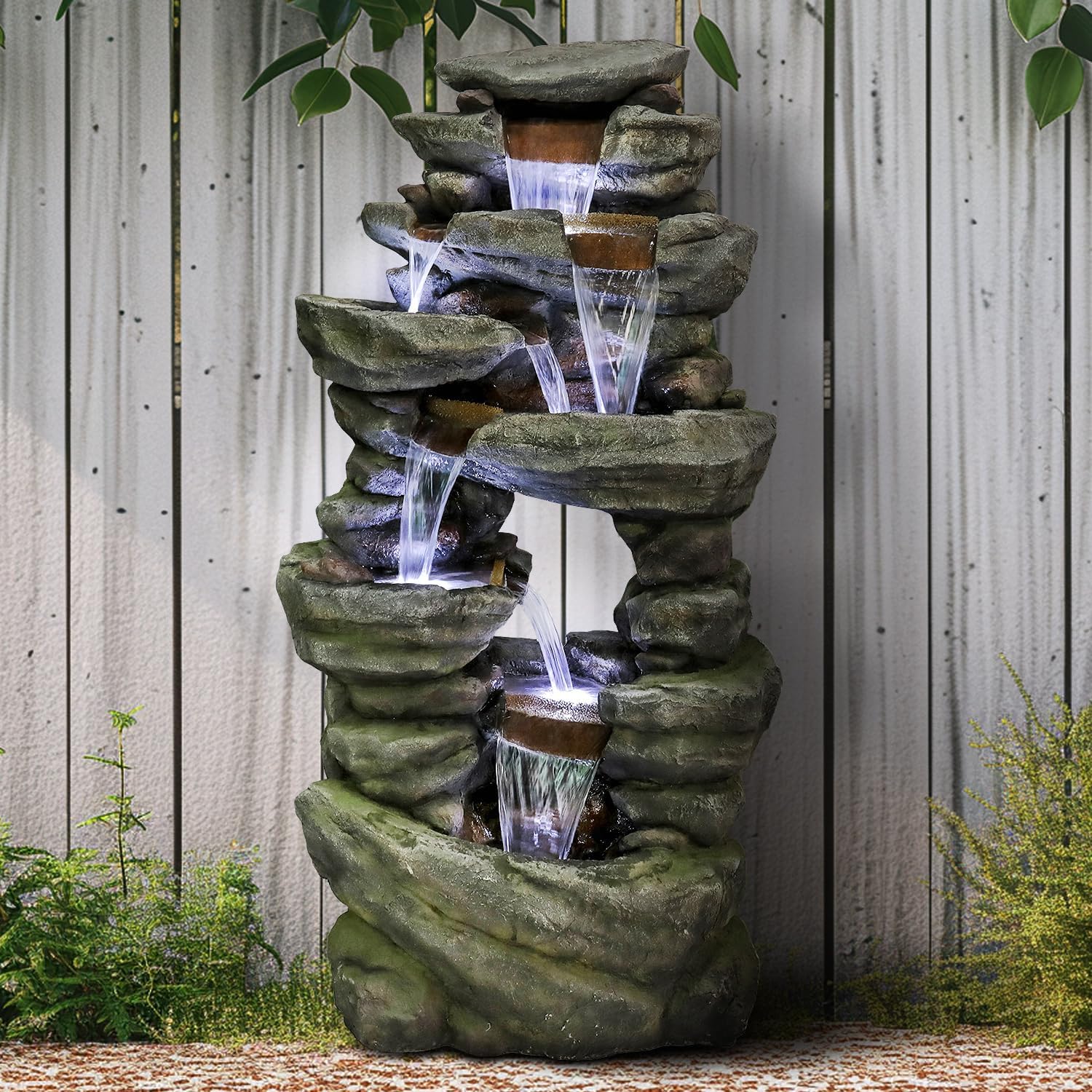 SunJet 60' High 7-Tiers Cascading Rock Outdoor Water Fountain with LED Lights - Large Outdoor Fountains and Waterfalls for Garden or Patio, Yard, and Deck Decor, Featuring Natural Stone Look