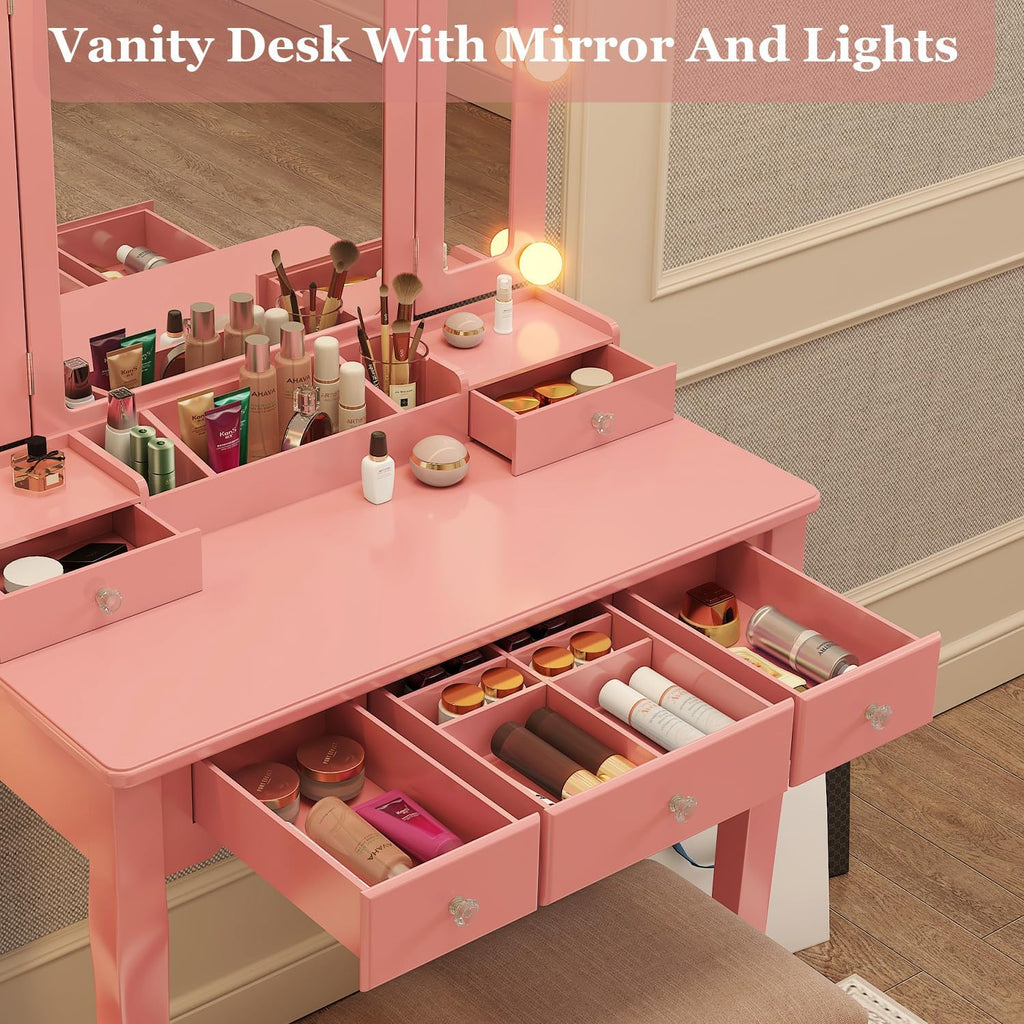 YIXHQ Vanity with Lights Girls Vanity Desk Set with Drawers Makeup Vanity Desk with Mirror and Lights Make Up Pink Makeup Vanity for Girls Table with Stool
