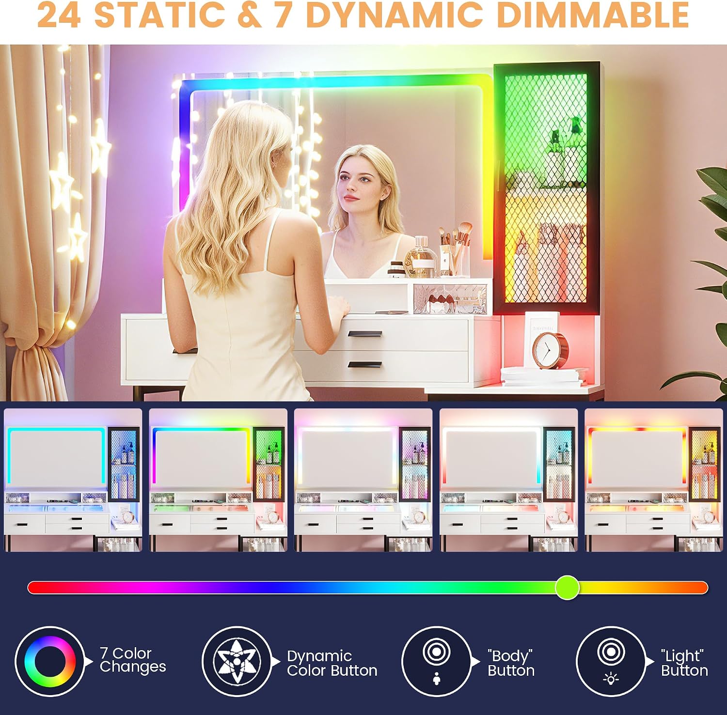 RGB Vanity Desk with Mirror and Lights, 7 Dynamic & 24 Static Dimmable Makeup Vanity Set with Wireless/USB/Type C Charging, Dressing Table with Stool & 6 Drawers (White)