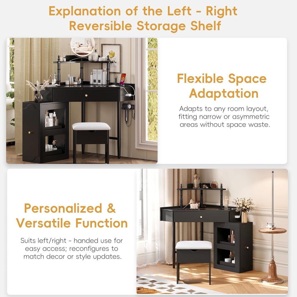 Corner Vanity Desk Set with Storage Cushioned Stool and Charging Station, Triangle Makeup Desk with Removable Pull Out Side Cabinet, Glass Tabletop Makeup Vanity Desk with Drawer and Shelf, Black