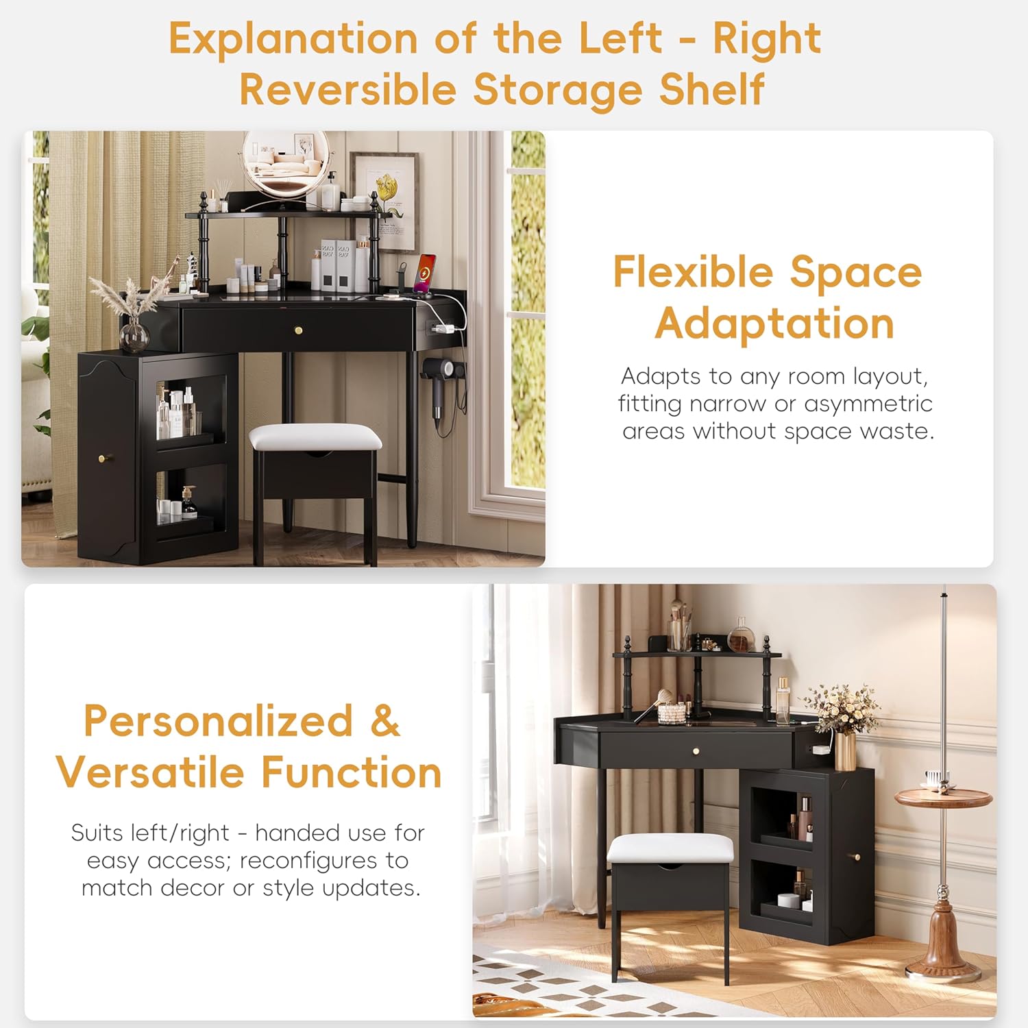 Corner Vanity Desk Set with Storage Cushioned Stool and Charging Station, Triangle Makeup Desk with Removable Pull Out Side Cabinet, Glass Tabletop Makeup Vanity Desk with Drawer and Shelf, Black