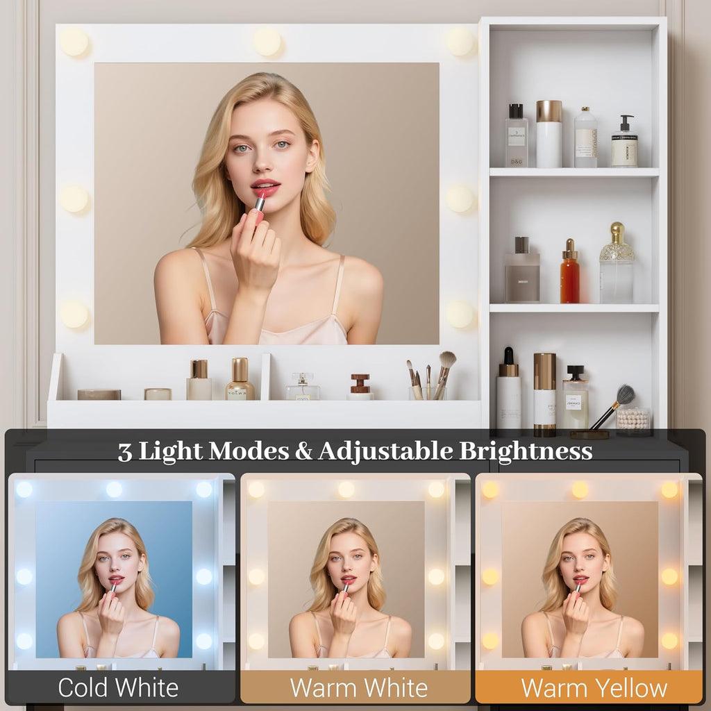 Wodeer Small Makeup Vanity Desk with Mirror and Lights, Vanity with Glass Cabinet, LED Lights & Power Outlet, Drawer & RGB Glass Cabinets, Adjustable Lighted Dressing Table for Women & Girls Bedroom