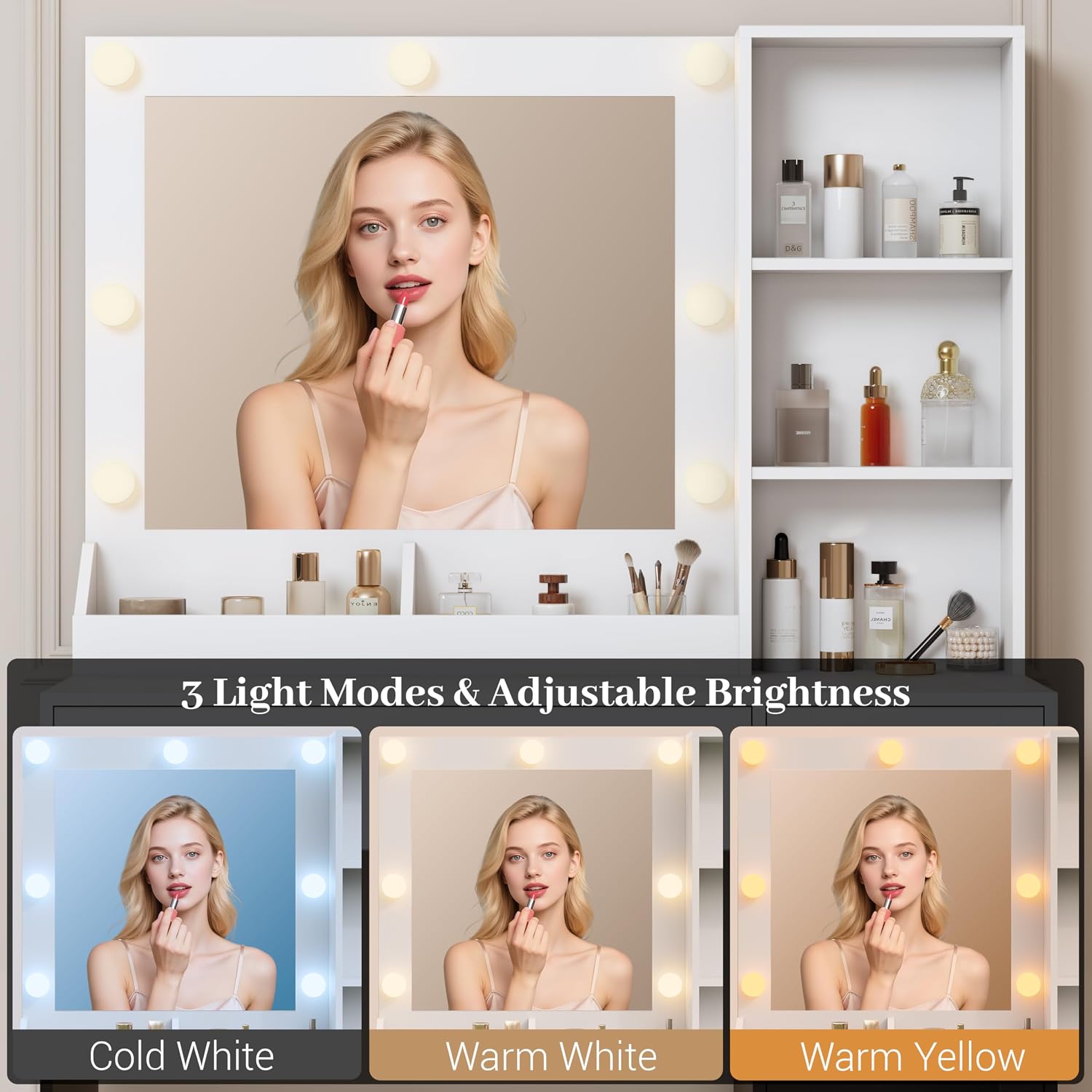 Wodeer Small Makeup Vanity Desk with Mirror and Lights, Vanity with Glass Cabinet, LED Lights & Power Outlet, Drawer & RGB Glass Cabinets, Adjustable Lighted Dressing Table for Women & Girls Bedroom