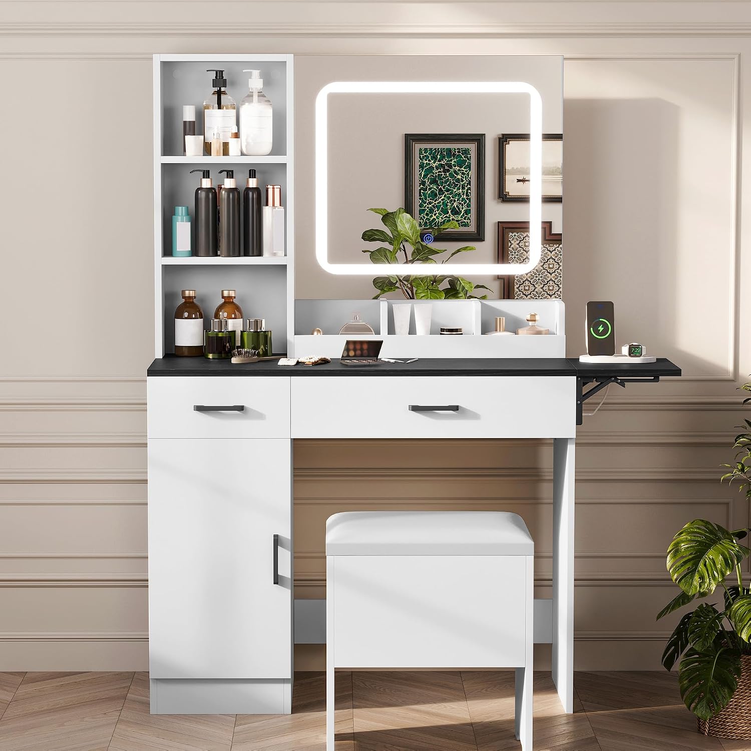Esmlada Farmhouse Makeup Vanity Desk with Mirror and Lights, Vanity Desk Table Set with Storage Bench, Power Outlet, for Bedroom, Black