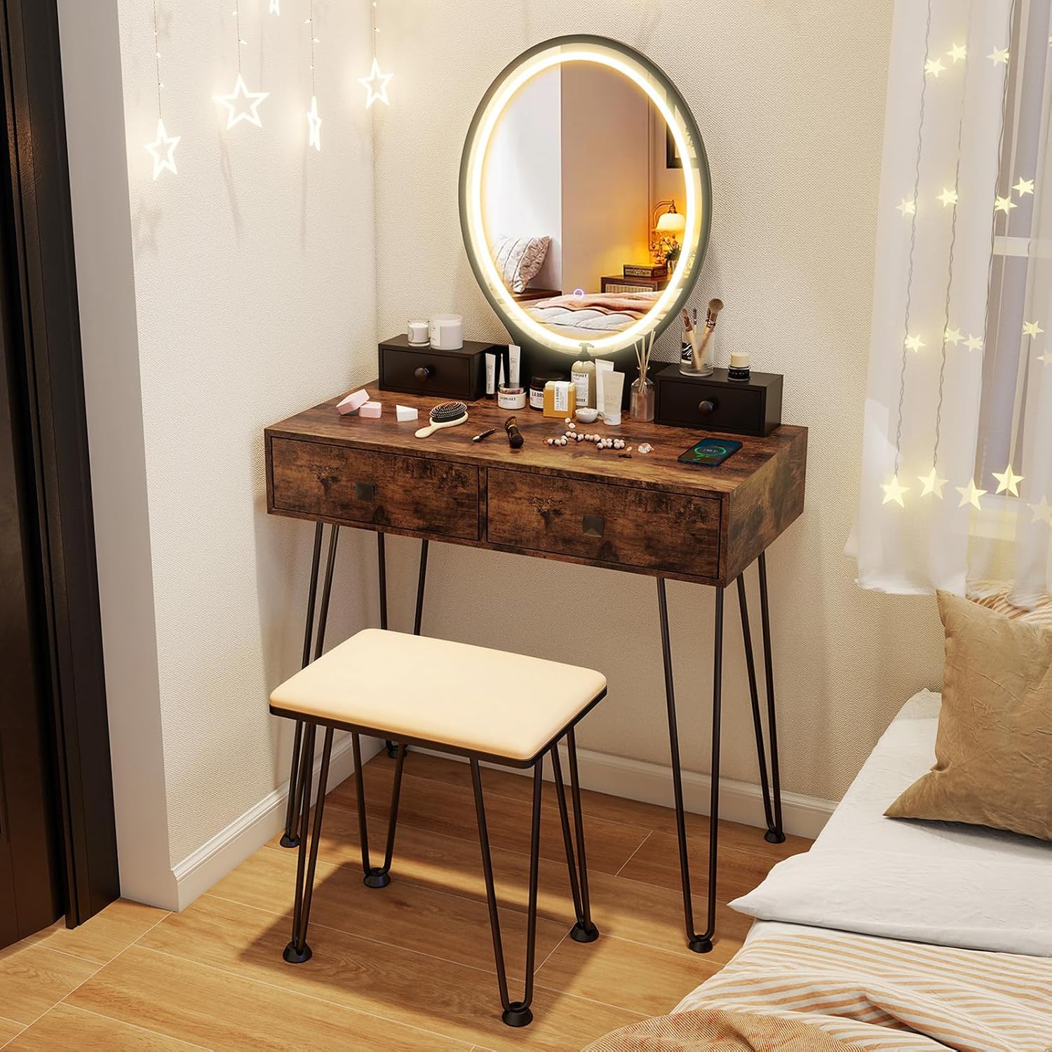 CHARMAID Vanity Desk with Mirror and Lights, Makeup Vanity Table with 4 Drawers, Charging Station, 3-Color Lighted Mirror, Retro Style Dressing Table with Stool for Small Bedroom (Rustic Brown)
