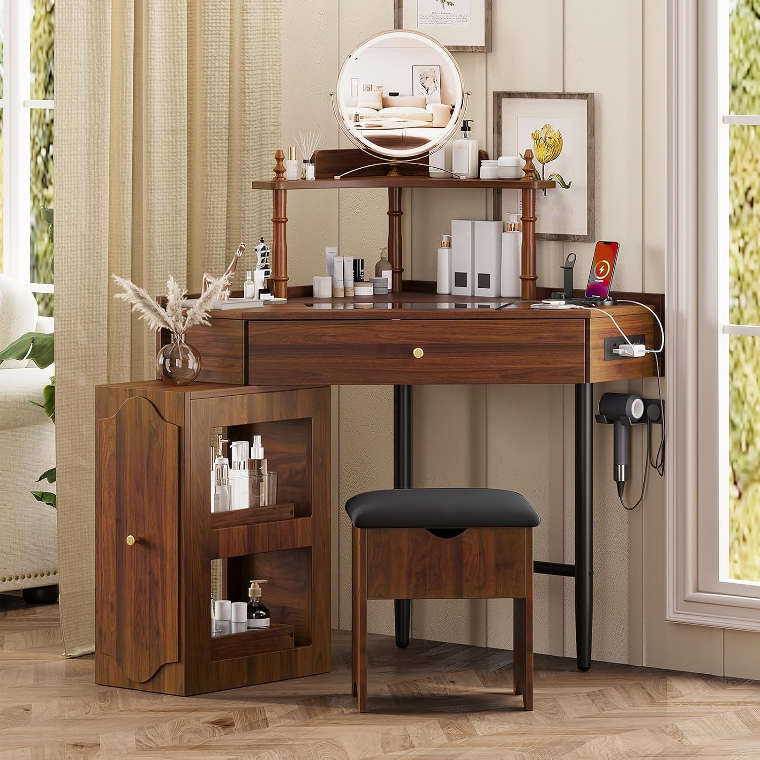 Corner Vanity Desk with Storage Stool Triangle Makeup Desk with Removable Pull-Out Side Cabinet Glass Tabletop Dressing Table with Drawer and Shelf for Bedroom, Walnut