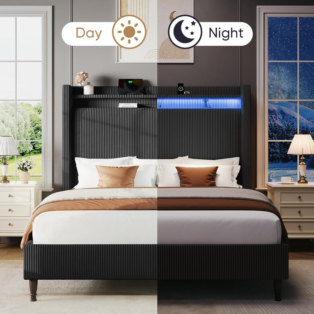 Queen Size Bed Frame with Tall Headboard, 55.3' Upholstered Platform Bed with LED Lights & Charging Station, Elegant Corduroy Bedframe, 2-tier Storage Wingback Headboard, No Box Spring Needed, Black