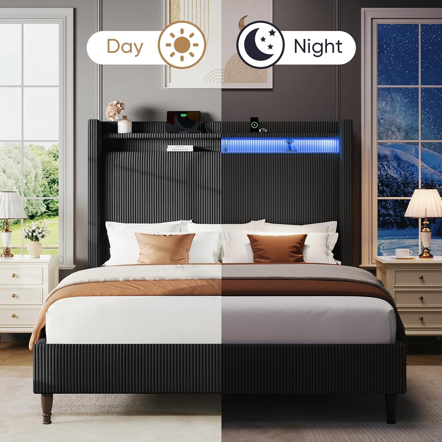Queen Size Bed Frame with Tall Headboard, 55.3' Upholstered Platform Bed with LED Lights & Charging Station, Elegant Corduroy Bedframe, 2-tier Storage Wingback Headboard, No Box Spring Needed, Black