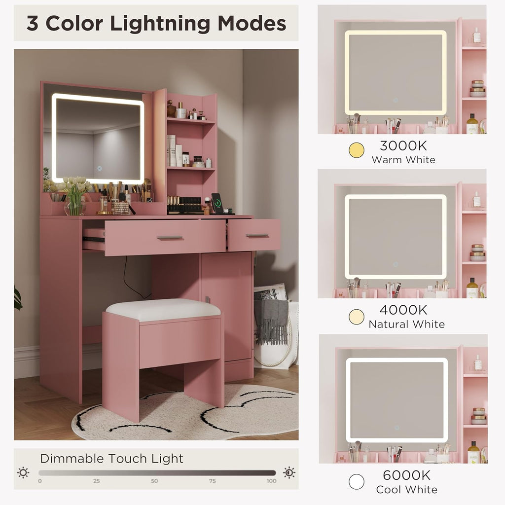 Roundhill Furniture Lavin Makeup Vanity Set, Vanity Desk with Stool, LED Light Mirror and Charging Station, Pink
