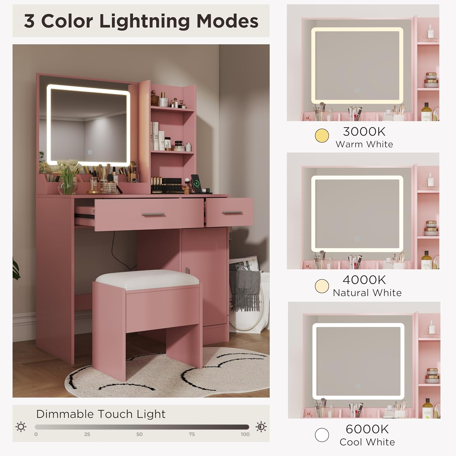 Roundhill Furniture Lavin Makeup Vanity Set, Vanity Desk with Stool, LED Light Mirror and Charging Station, Pink