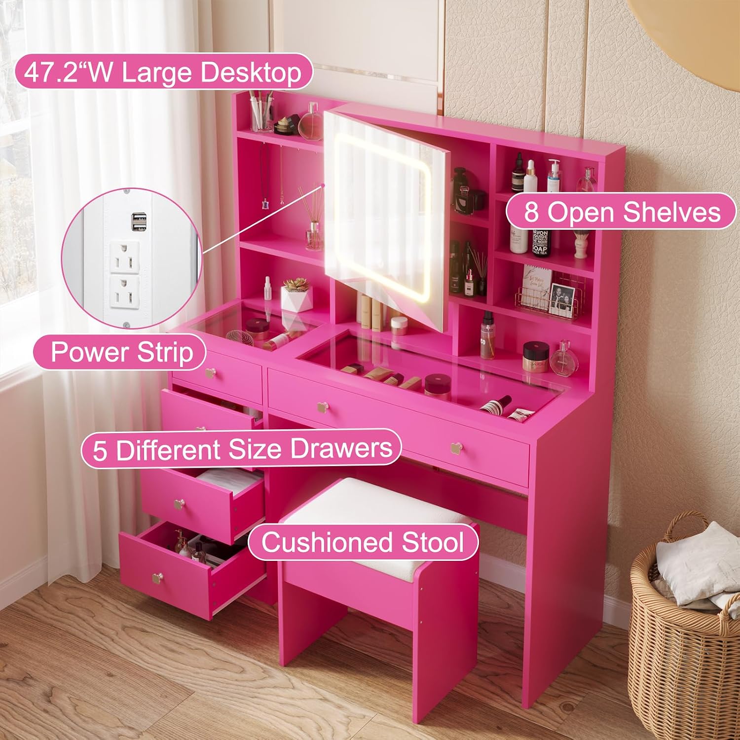 Karl home Makeup Vanity with Lighted Mirror Bedroom Vanity Desk with Charging Station Large Vanity Set with Transparent Desk, Drawers, Cabinet, Shelves for Storage in Bedroom, Pink