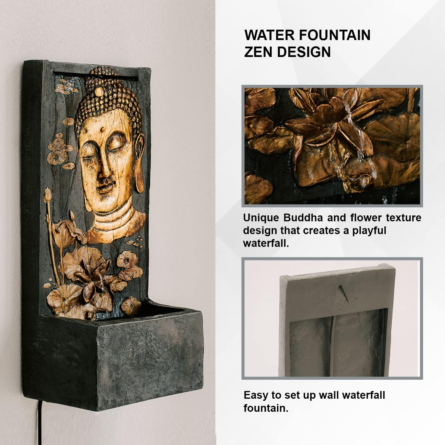 XBrand Polystone Indoor Outdoor Relaxing Zen Buddha Face Wall Water Fountain with Pump and Splash Guard, Wall-Mounted Fountains, Home Garden Patio Backyard Decor, Bronze and Natural Stone Finish