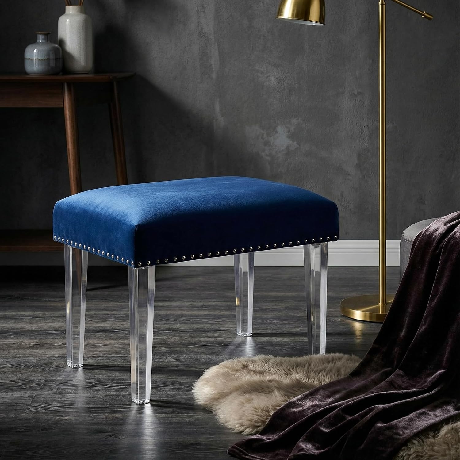 Cortesi Home Whitecrest Bench Ottoman with Clear Acrylic Legs 24', Blue Velvet