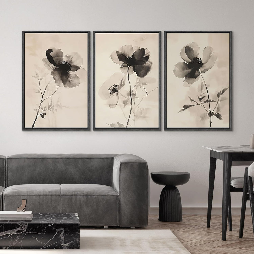 SIGNWIN Framed Canvas Print Wall Art Set Black and White Ink Flowers Minimalist Monochrome Floral Illustrations Modern Art Rustic Scenic Relax/Calm for Living Room, Bedroom, Office - 16'x24'x3 Black