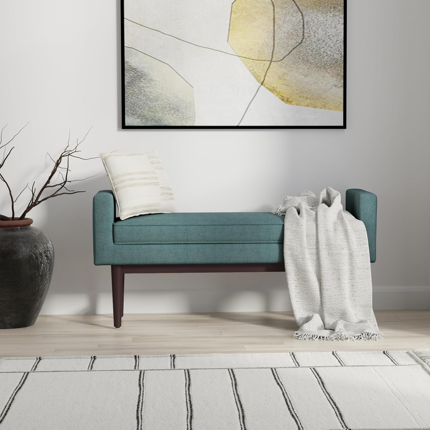 SIMPLIHOME Scott Ottoman Bench - 46 inch Wide Upholstered Linen Fabric Rectangle Ottoman in Smoky Teal, Contemporary Bench for Bedroom, Entryway or Living Room with Raised Sides and Cushioned Seat