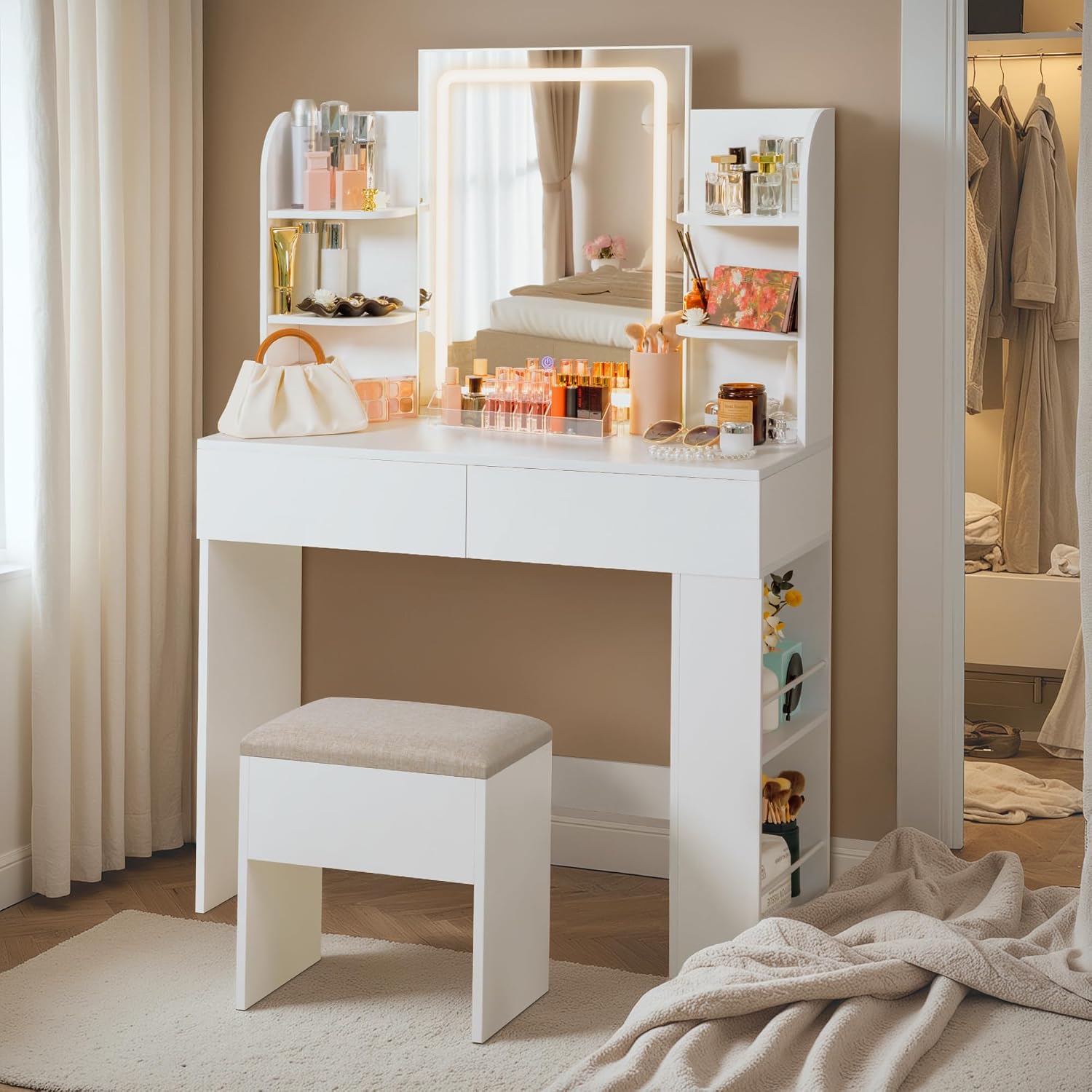 JUMMICO Makeup Vanity with Mirror and Lights, Vanity Desk with 3 Color Modes and Adjustable Light Brightness, Makeup Table with Storage Drawer, Open Shelves, and Side Storage (White, with Bench)