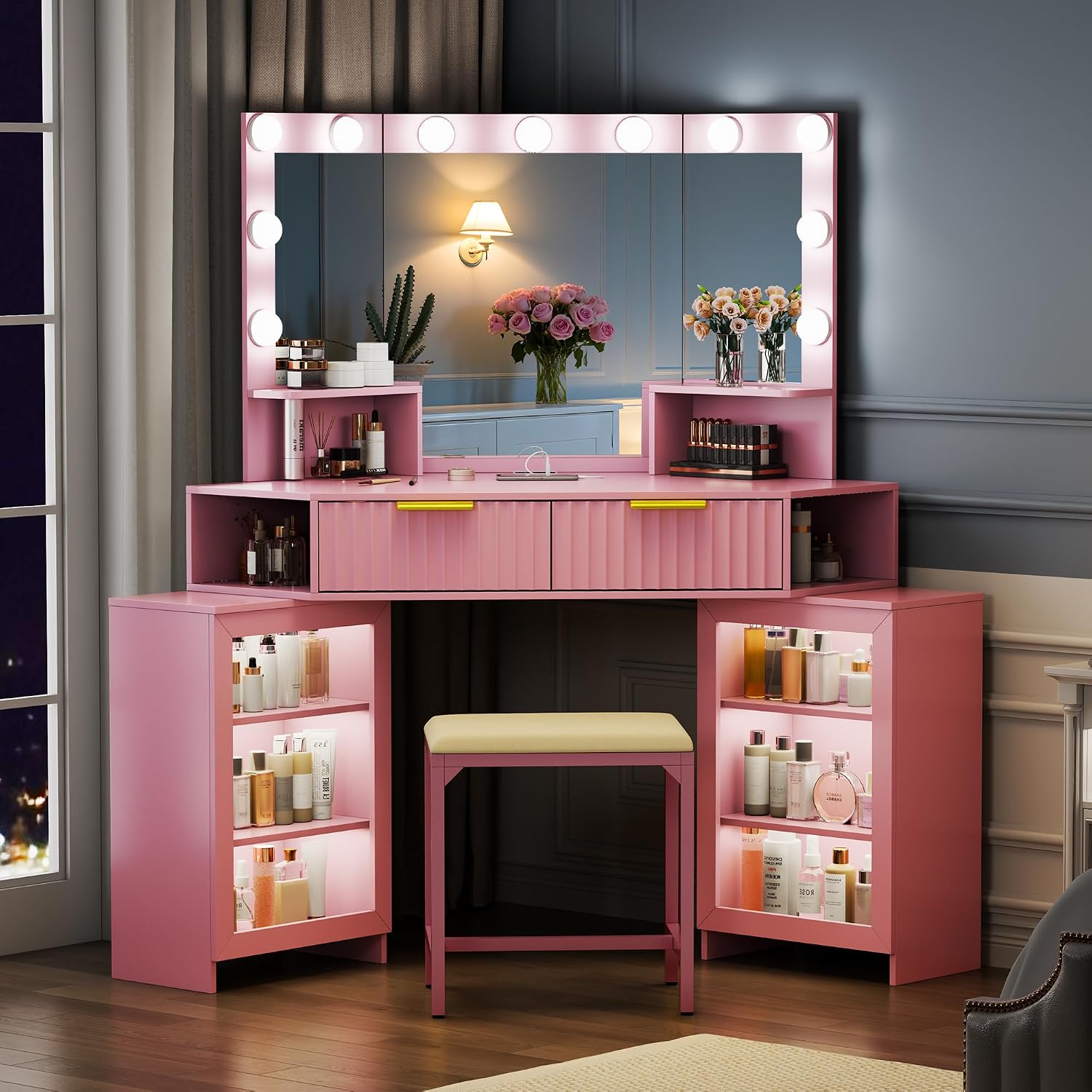 Vanity Desk with LED Lights Mirror & Power Outlet – Corner Design, Makeup Vanity Table Set with Storage Drawers & Chair, 3 Lighting Modes for Living Room/Bedroom, Ideal for Gift (Pink)