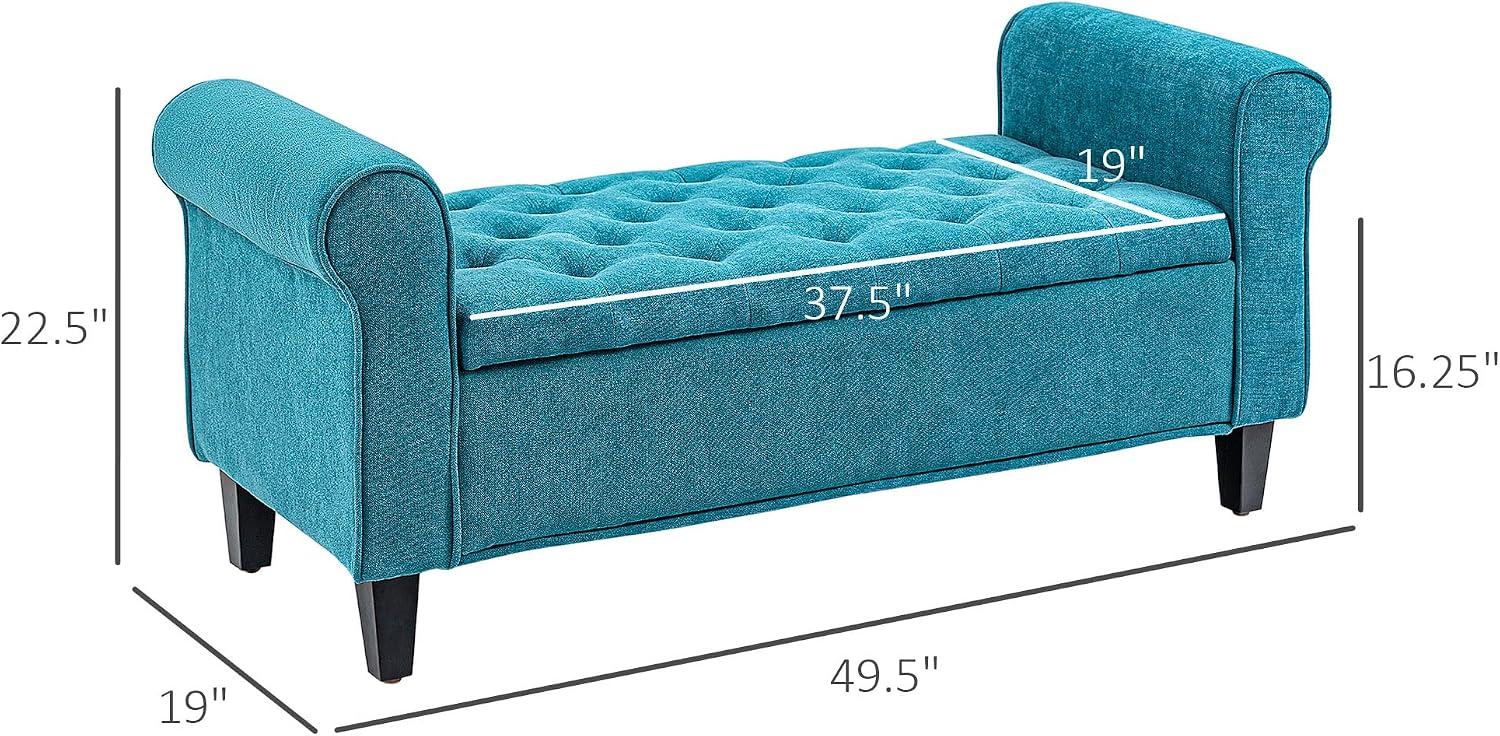 50' Storage Ottoman Bench, Upholstered End of Bed Bench with Rolled Arms, Wood Legs, Button Tufted Storage Bench with Safety Hinges for Living Room, Entryway, Bedroom, Teal