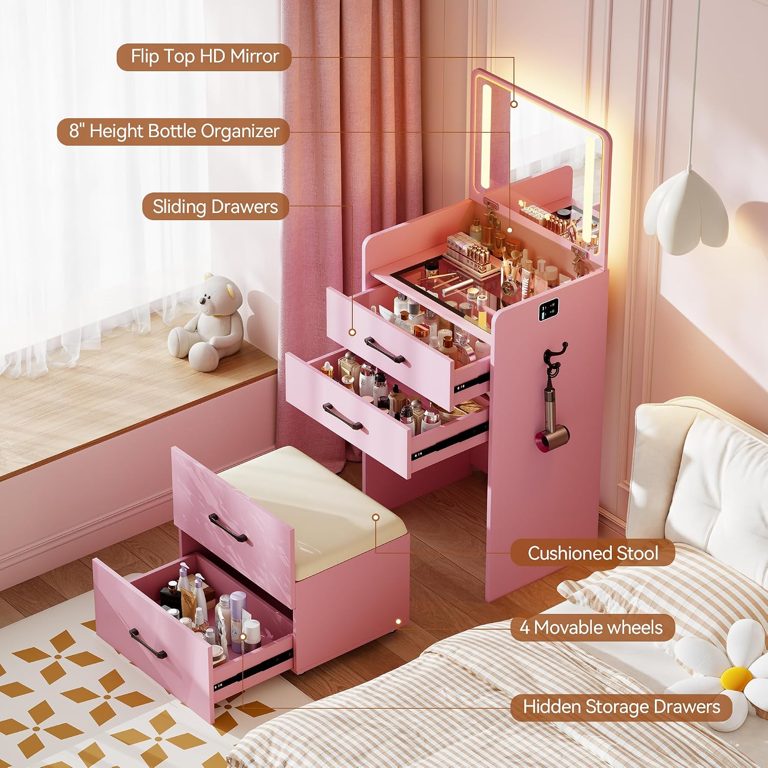 3 in 1 Vanity Desk with Flip up Mirror and Lights, Glass Top Makeup Vanity Table with Charging Station,LED Compact Dressing Table with 3 Drawer and Wheel Storage Stool for Bedroom(Pink)