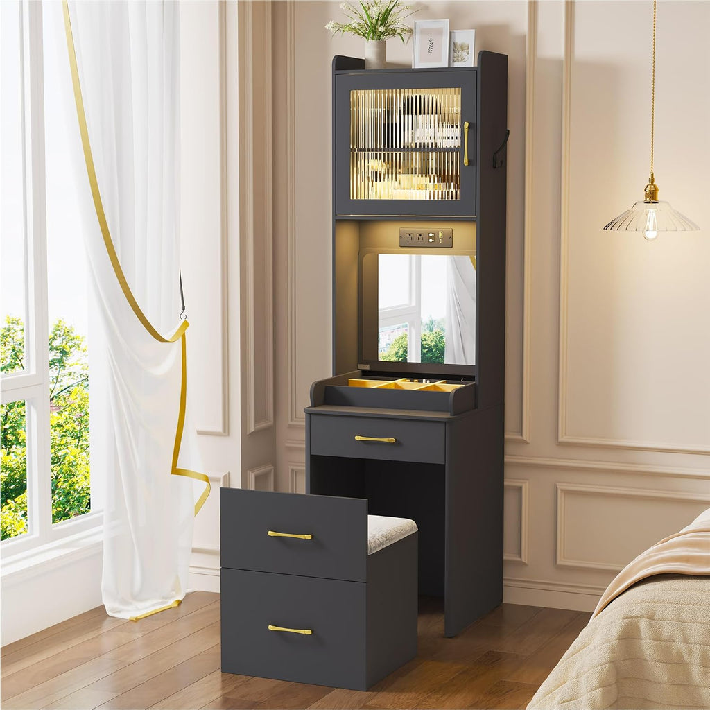 Lvifur 3-in-1 Vanity Desk with Mirror and Lights, Makeup Vanity Table with Cushioned Stool, Compact Dressing Table Writing Desk for Small Spaces, Vanity Set for Bedroom