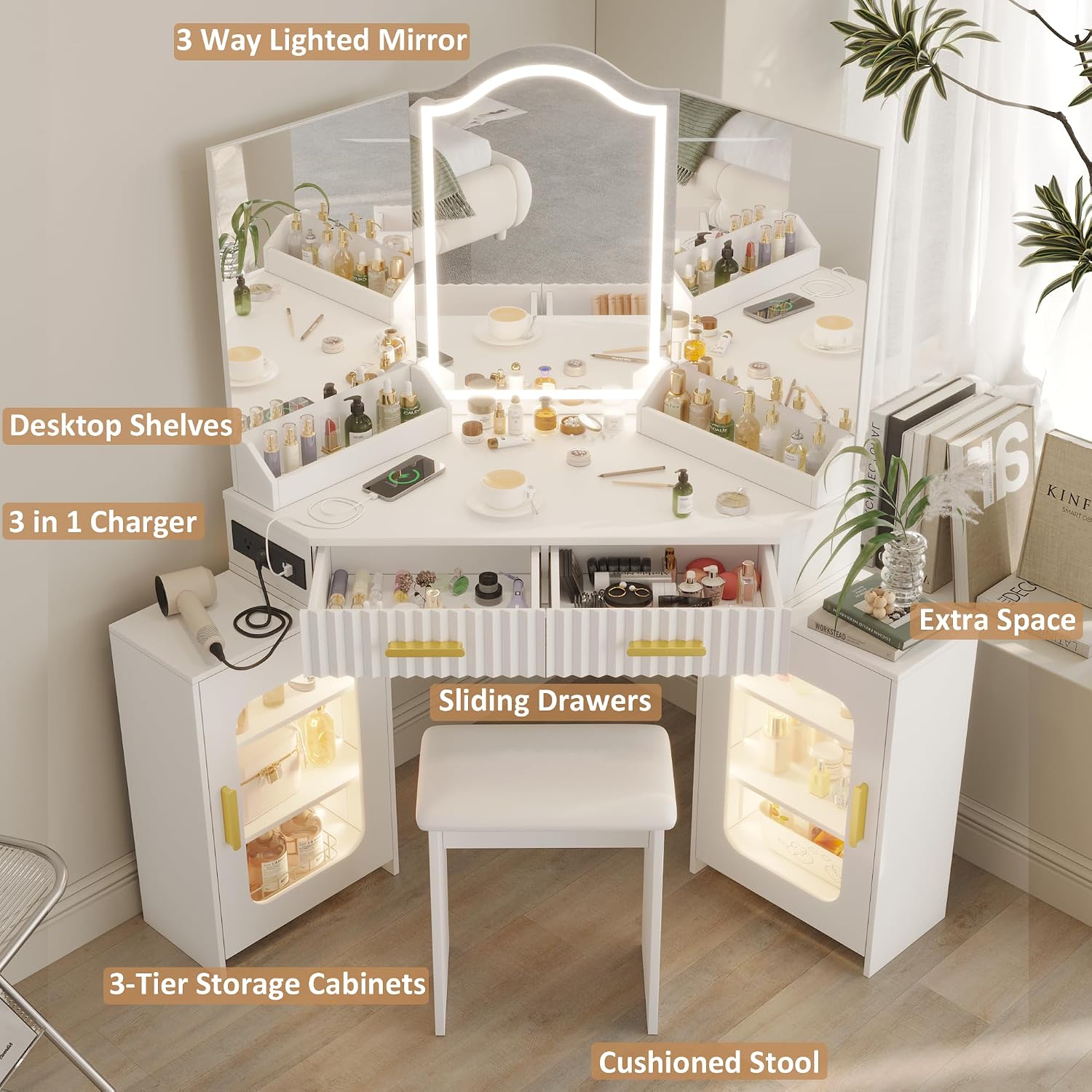 Corner Vanity Desk with 3 Way Mirror & LED Lights, Makeup Table Set with Charging Station, Storage Drawers & Side Cabinets, Modern Bedroom Dressing Table for Women & Girls Birthday Gift
