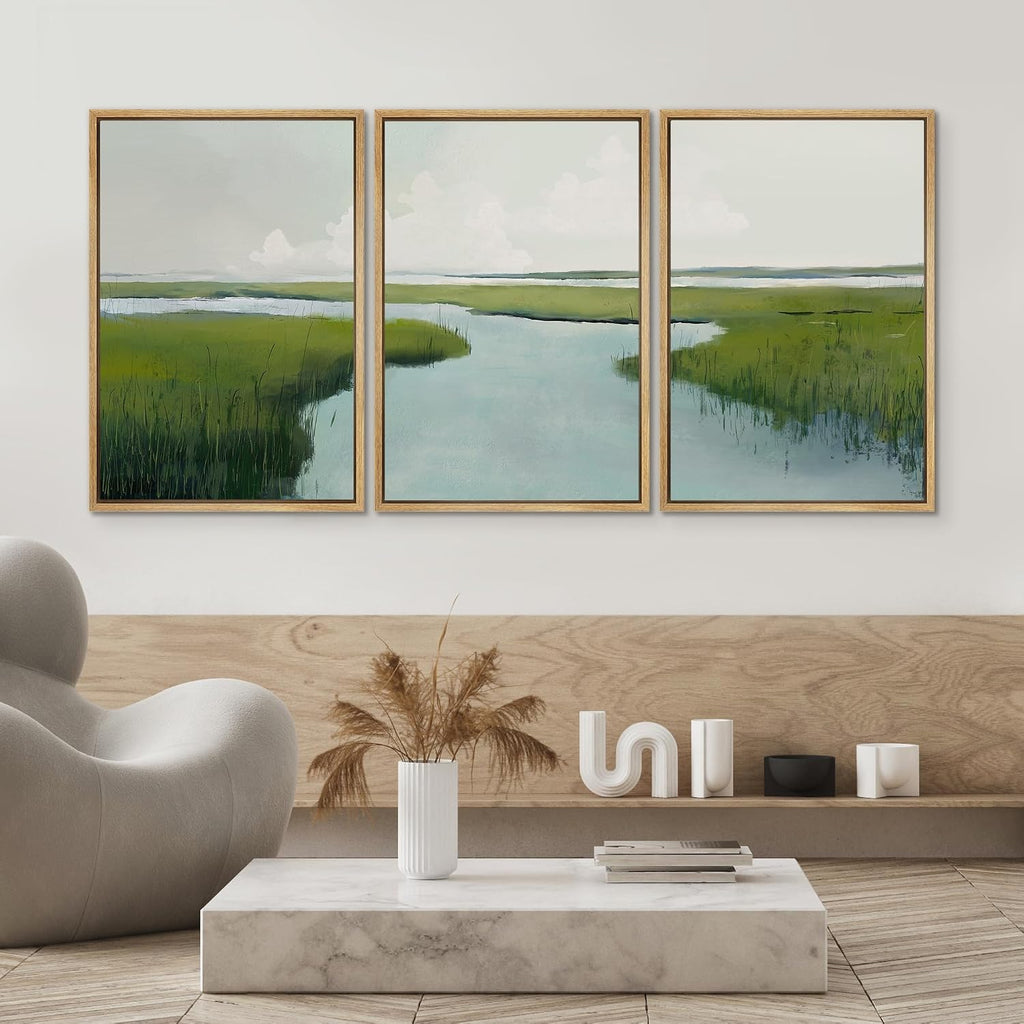 SIGNWIN Framed Canvas Print Wall Art Set Serene Marshland with Green Wetlands and Tranquil Water Illustrations Modern Art Decorative Rustic Zen for Living Room, Bedroom, Office - 16'x24'x3 Natural