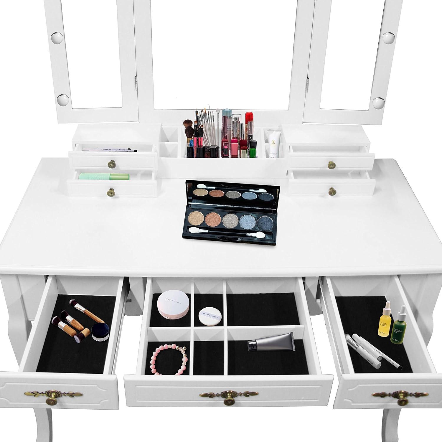ENSTVER Vintage Vanity Set with 10 Hollywood LED Light Bulbs, Makeup Table with Stool and Mirror, Antique Vanity 6 Organization 7 Drawers, Dressing Table for Bedroom, Victorian Vanity Pure White