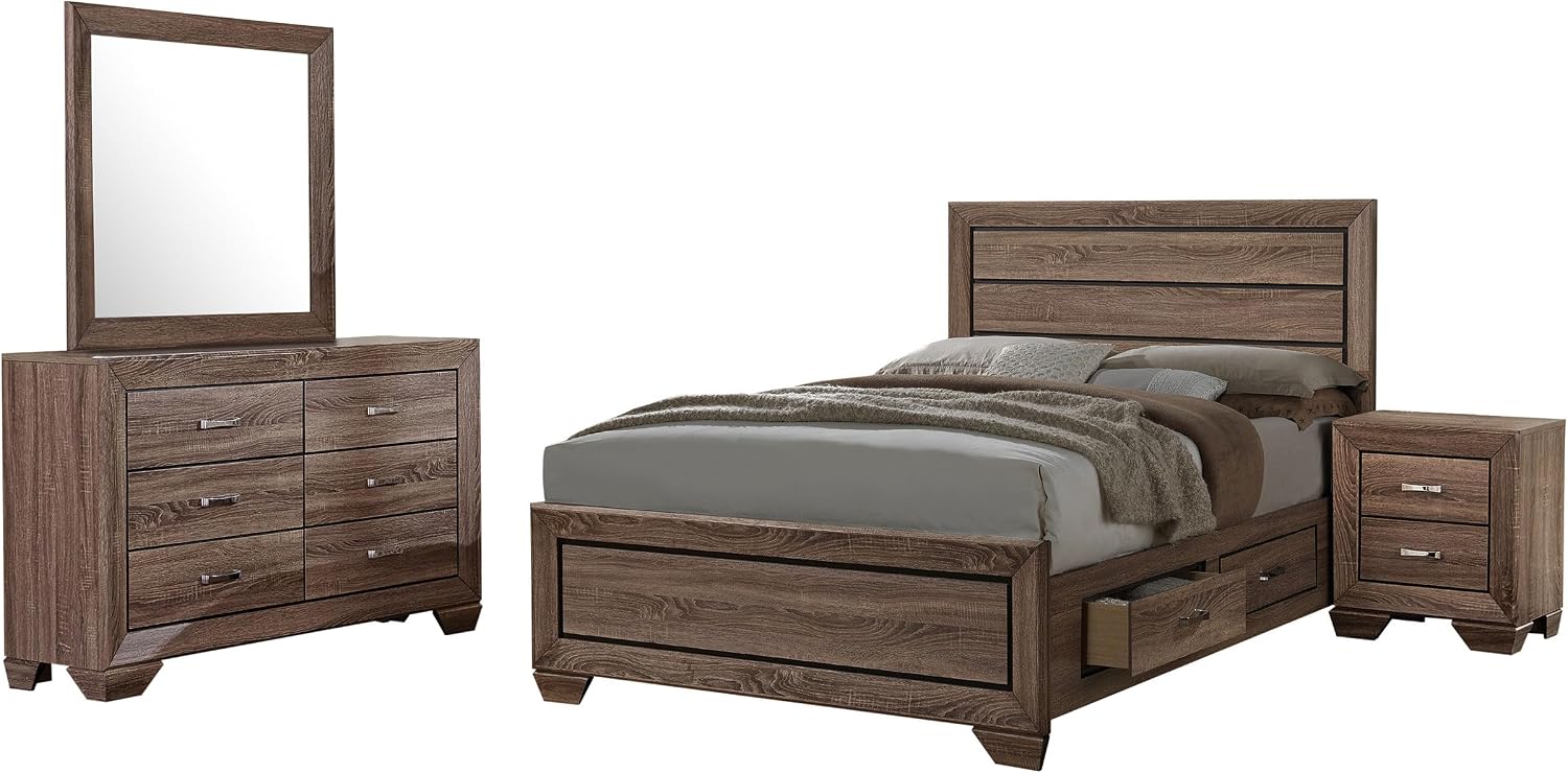 Coaster Home Furnishings Kauffman Transitional 4-Piece Bedroom Set Eastern King Size Storage Panel Bed Frame 54-inch Headboard Washed Taupe 204190KE-S4