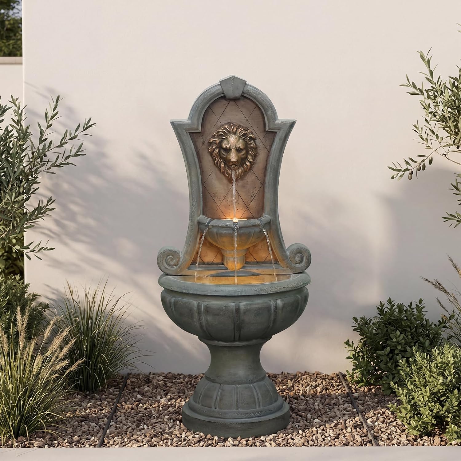 Bumilgar Outdoor Wall Fountain with LED Lights, 49.21' H Freestanding Garden Water Fountain, Large Floor Standing Patio Waterfall Feature, European Resin Flat Back Yard Courtyard Porch Décor