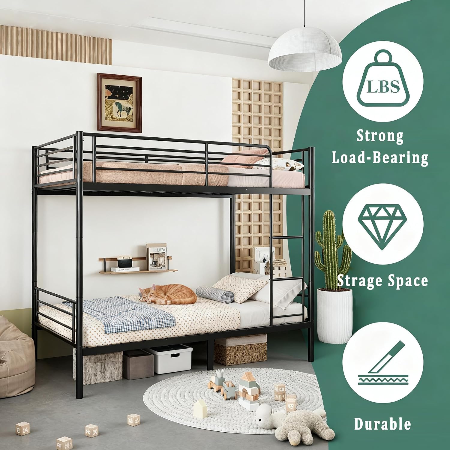 Bellemave Twin Over Twin Bunk Beds, Metal Bunk Bed Frame with Ladder and Full-Length Guardrail for Kids, Adults, Can be Split, Black