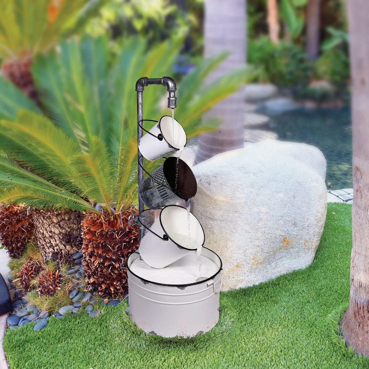 Alpine Corporation MCC594 33' Indoor/Outdoor Floor Vintage Metal Pails Fountain – Tiered Pails Garden Fountain, Water Feature for Patio, Garden, Yard, and Outdoor Spaces, Rustic Cream