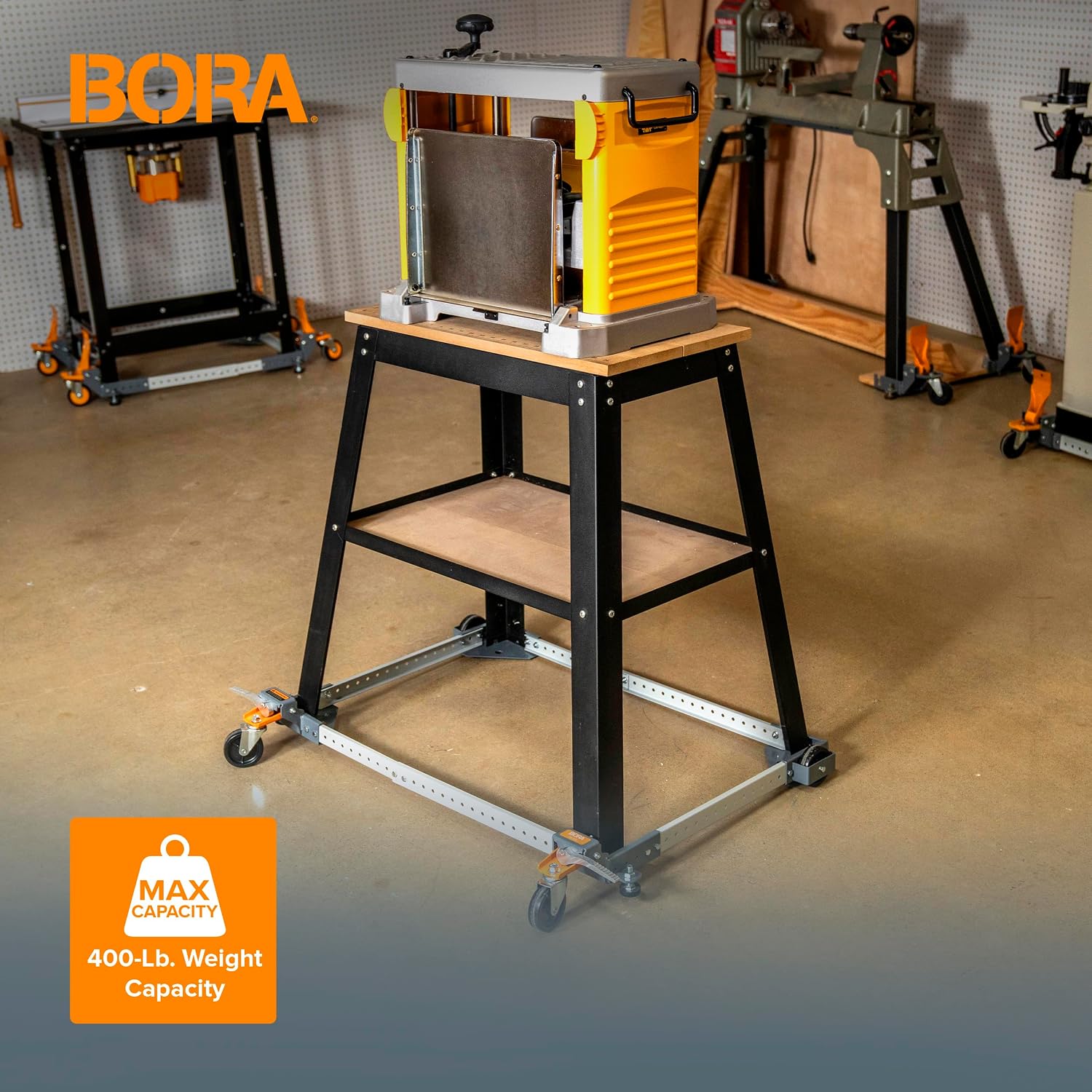 Bora Adjustable Universal Mobile Base Portamate PM-1000. Move Your Heavy Tools & Wood Organizer and Lumber Storage Metal Rack with 6-Level Wall Mount – Indoor and Outdoor Use, in Orange