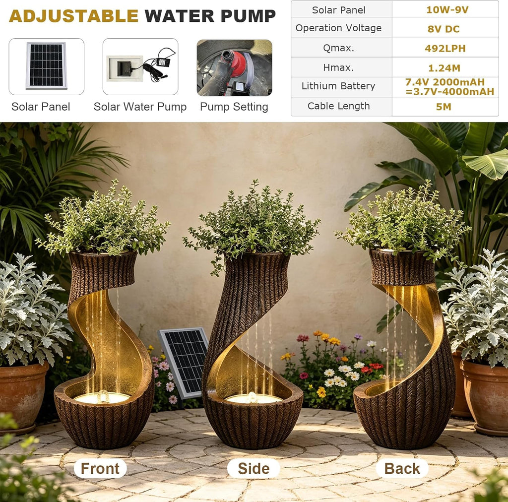 Solar Water Fountain Outdoor with LED Lights & Planter, 26.8' Modern S-Shaped Waterfall Fountain with Battery Backup, IP64 Weatherproof Resin Floor Fountain for Garden, Patio, Porch, and Home Decor