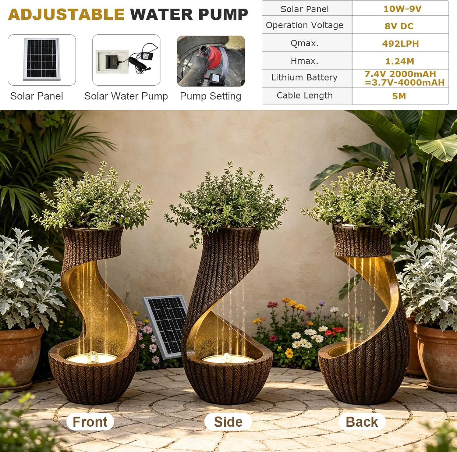 Solar Water Fountain Outdoor with LED Lights & Planter, 26.8' Modern S-Shaped Waterfall Fountain with Battery Backup, IP64 Weatherproof Resin Floor Fountain for Garden, Patio, Porch, and Home Decor